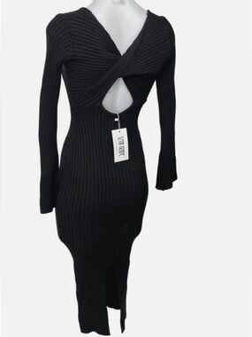 12th Tribe Black Rib Knit Cutout Long Sleeve Midi Bodycon Sweater Dress Size S